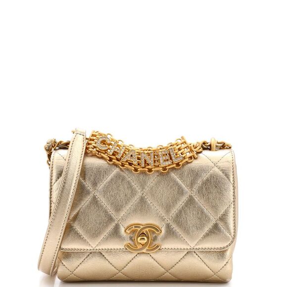 Chanel Crystal Logo Letters Chain Handle Flap Bag Quilted Lambskin Mini Gold - Picture 1 of 8